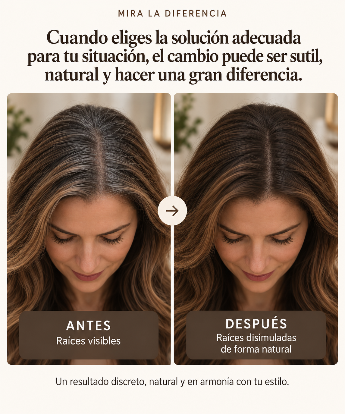 Comparación antes y después de raíces visibles y raíces disimuladas